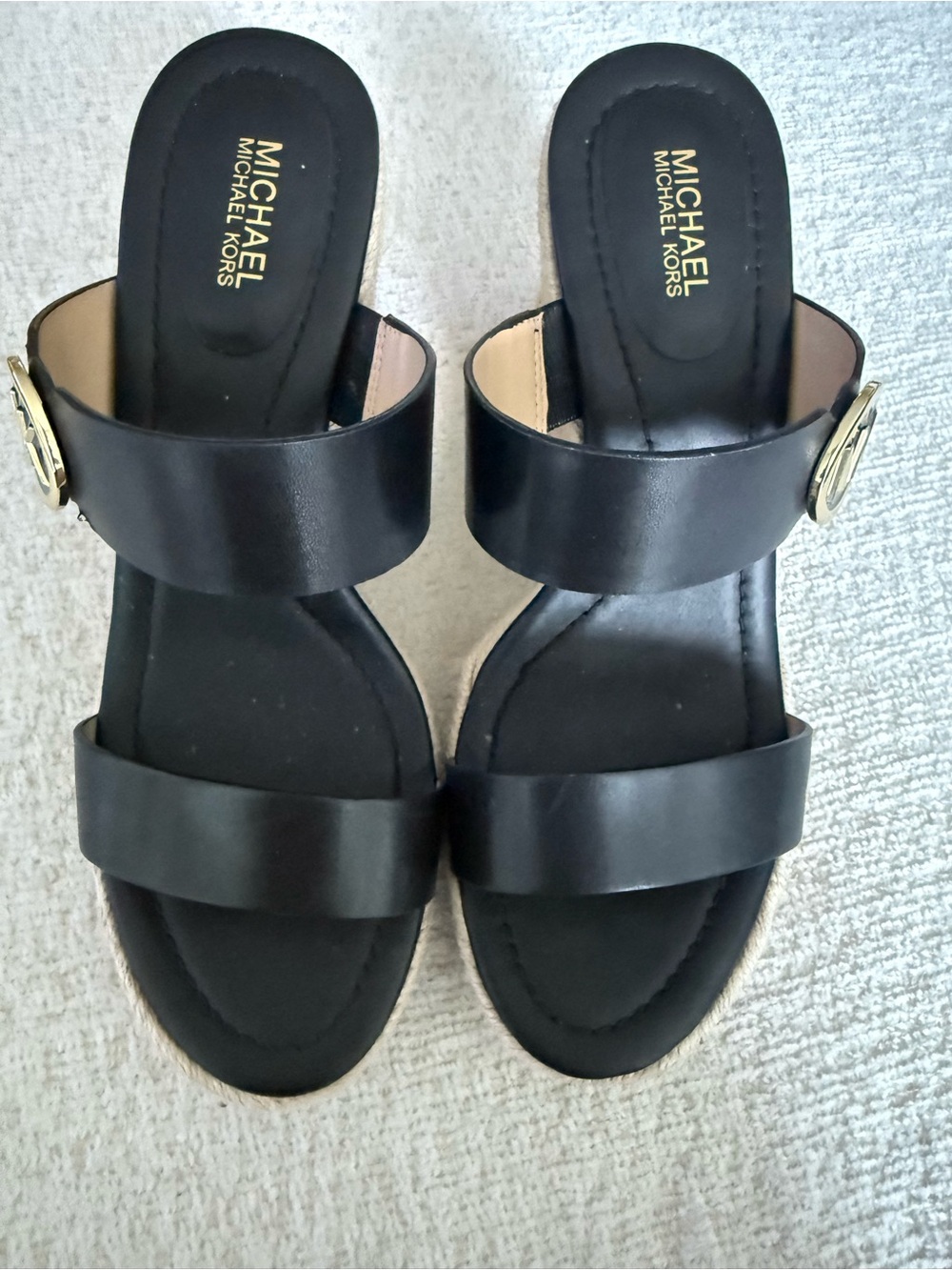 MICHAEL Michael Kors Black Leather Espadrille Wedges with Gold MK Accent - Picture 7 of 7